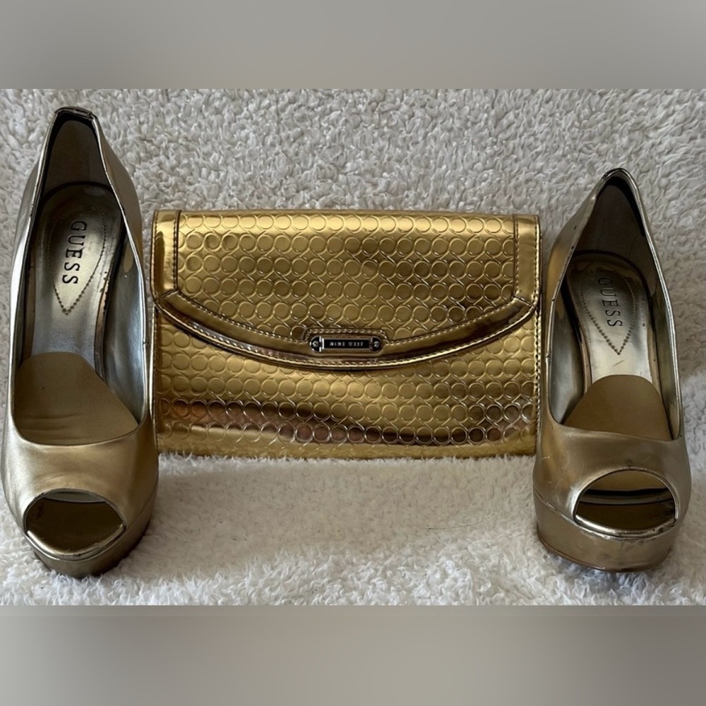 Guess Metallic Gold Stilettos and Nine West Gold Handbag.